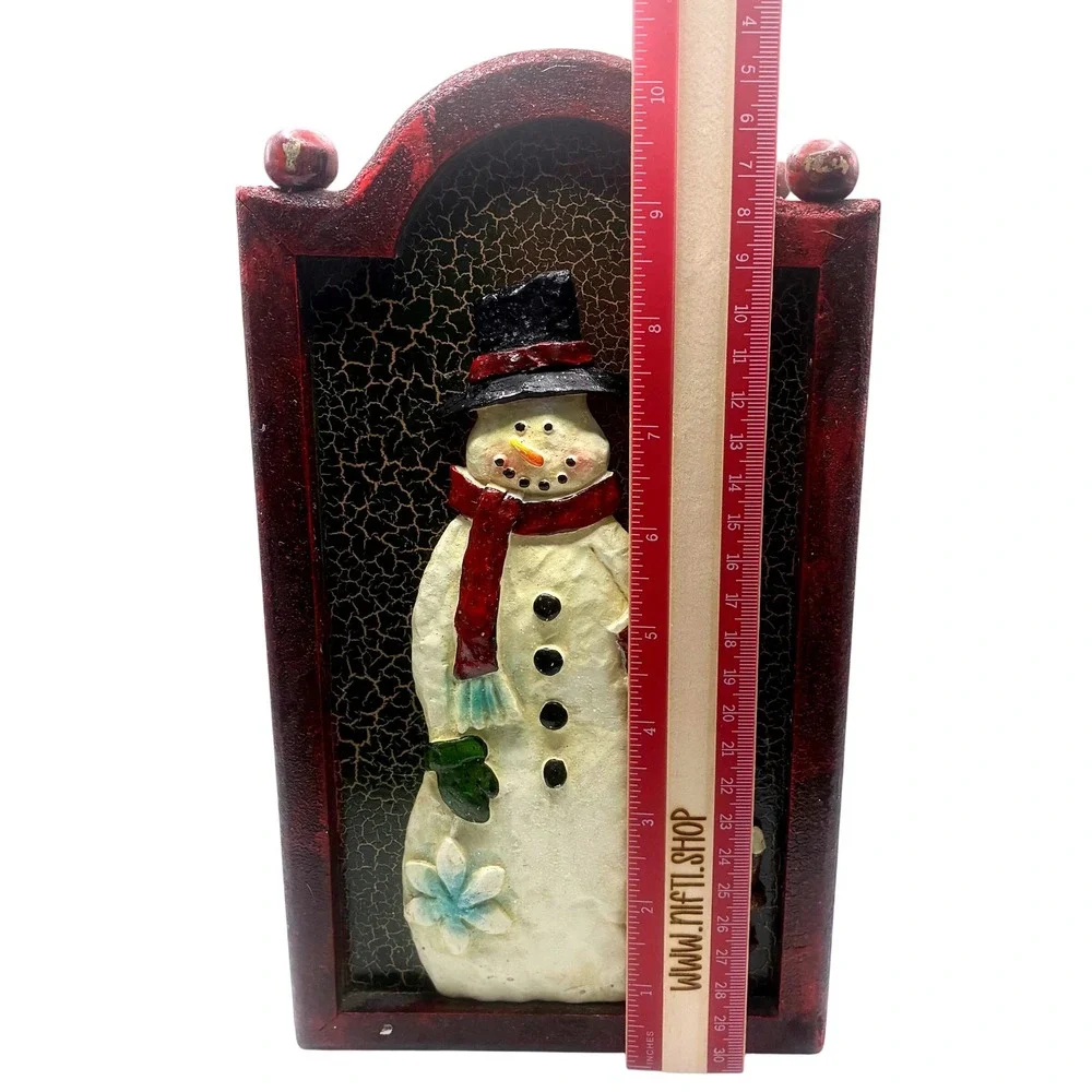 Rustic Wooden Box With Handle 10.25in Green & Burgundy Accents Snowman Cardinal